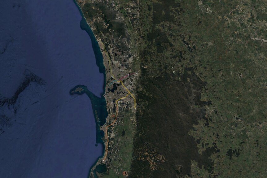 Transparent coloured lines with four small dots on a map of Perth.