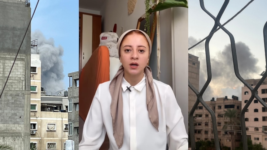 A composite image of buildings with smoke behind them and a young girl speaking 