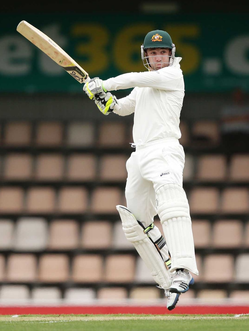 Phil Hughes plays a cut shot in the first Test against Sri Lanka at Bellerive Oval.