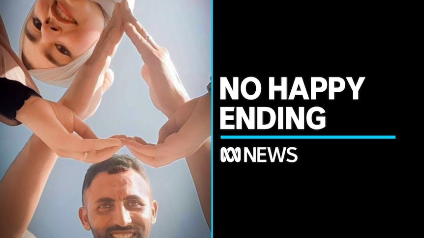 No Happy Ending: A man and woman look down at the camera making a love heart with their hands