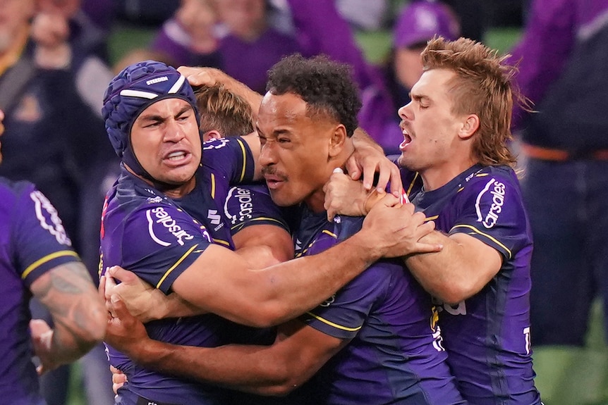 Jahrome Hughes celebrates a Storm try