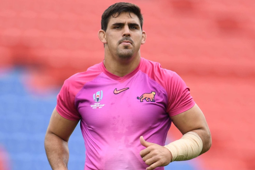An Argentine rugby union player runs at a Pumas training session in Osaka during the 2019 Rugby World Cup.