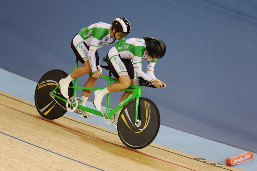 Pilot Damien Shaw (R), James Brown of Ireland in individual pursuit cycling at London Paralympics.