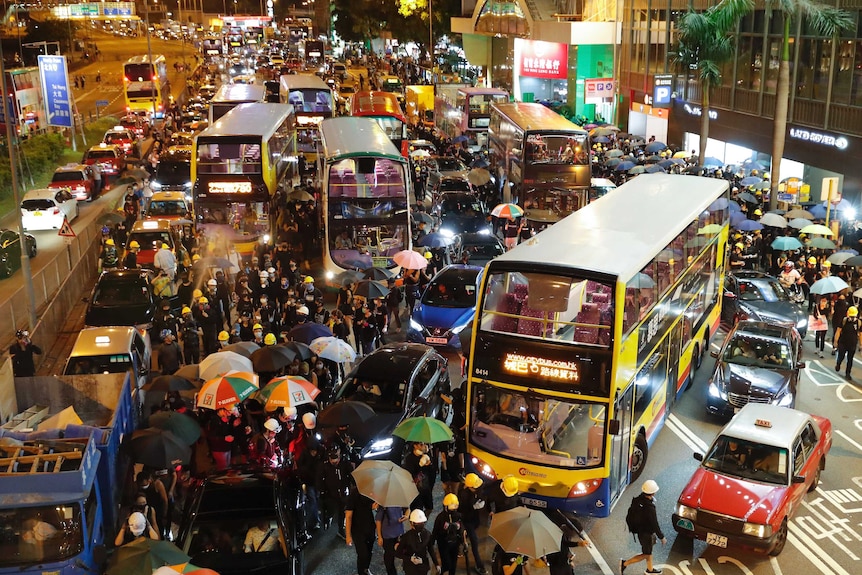 From a high angle, you look down at a road that is blanketed by people as traffic formerly moving along it are stopped.