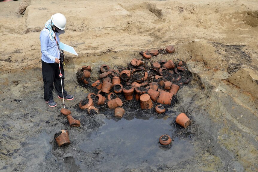 Urns were found at the "Umeda Grave" burial site, in Osaka, western Japan.