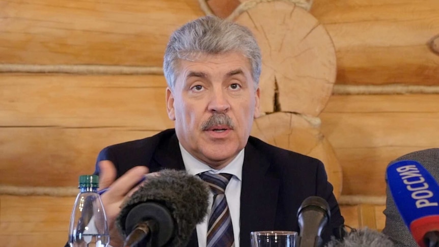 Pavel Grudinin gives a press conference at his farm, 'the Lenin Sovkhoz'.