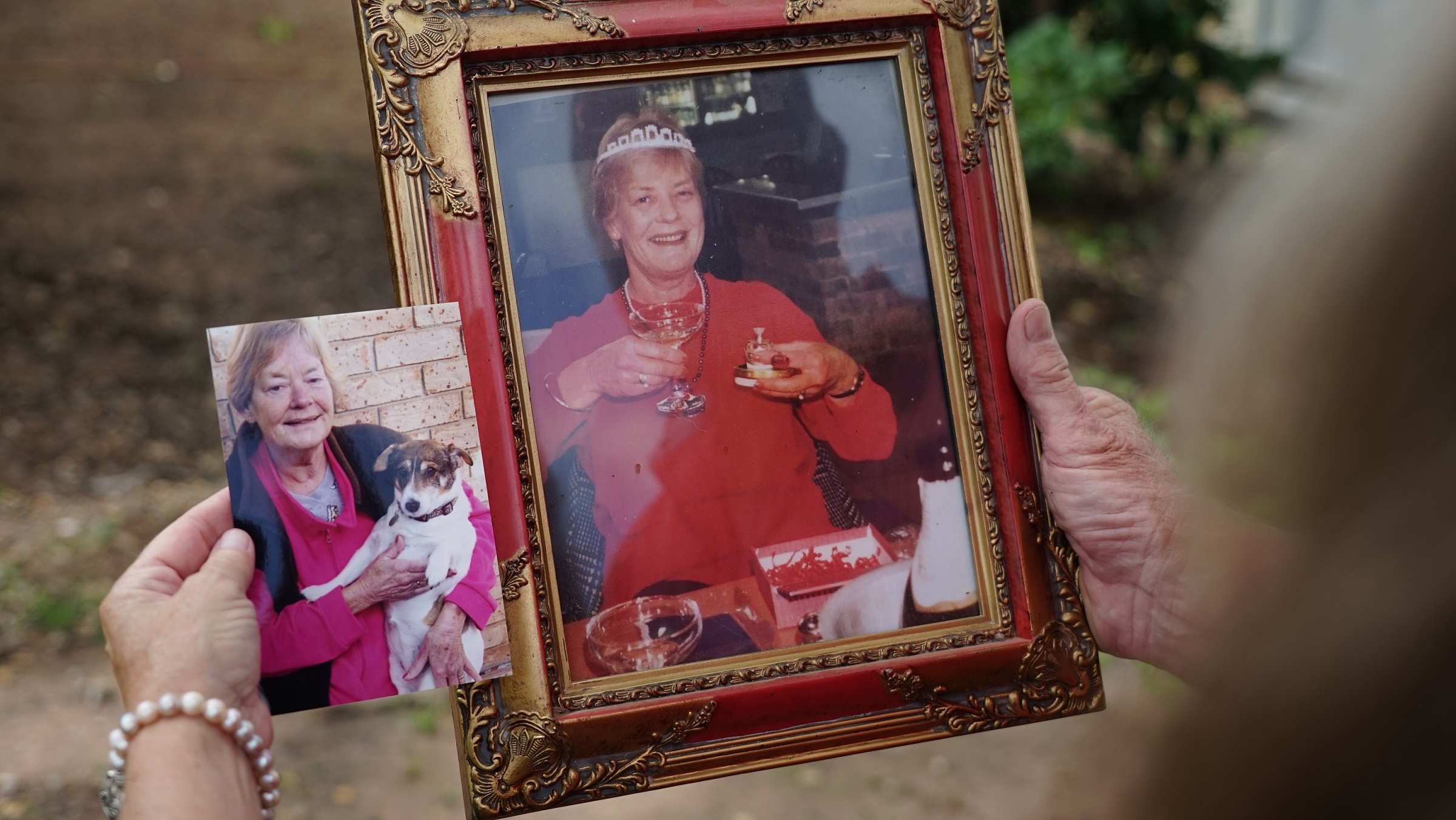 Two photos are pictured side-by-side. In one, Liz Holmes is with her dog Katie.