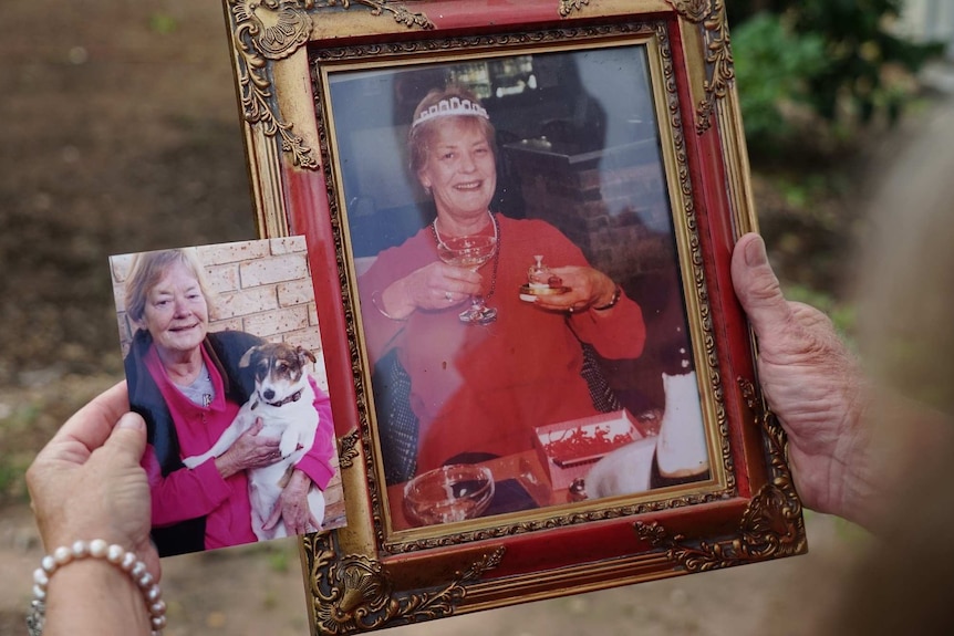 Two photos are pictured side-by-side. In one, Liz Holmes is with her dog Katie.