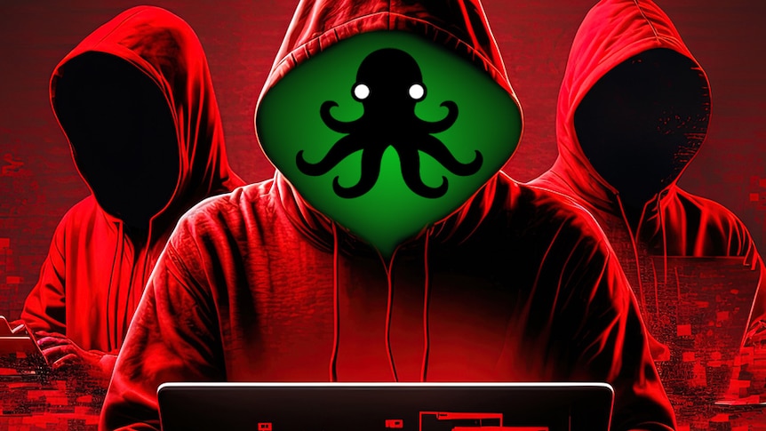 A graphic shows three figures in hoodies with a black octopus silhouette against a green background.