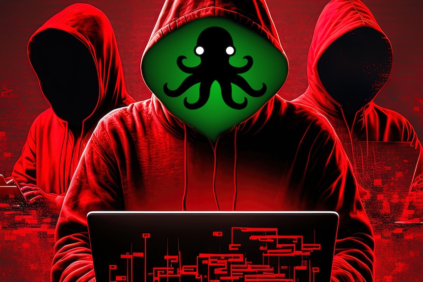 A graphic shows three figures in hoodies with a black octopus silhouette against a green background.