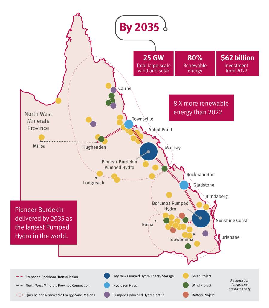 A map of Queensland with symbols indicating different locations.