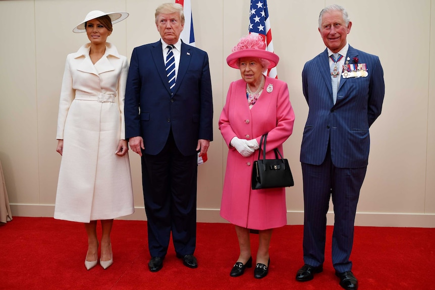 Prince Charles, Queen Elizabeth, President Donald Trump, and Melania Trump standing together