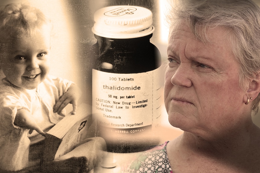 A composite image showing Lisa McManus, Lisa as a toddler, and a jar of thalidomide tablets
