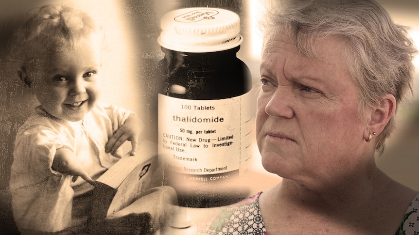 A composite image showing Lisa McManus, Lisa as a toddler, and a jar of thalidomide tablets