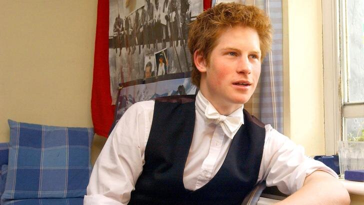 Prince Harry wears a waistcoat, shirt, trousers and bow tie as he leans against a radiator next to a window, looking to right.