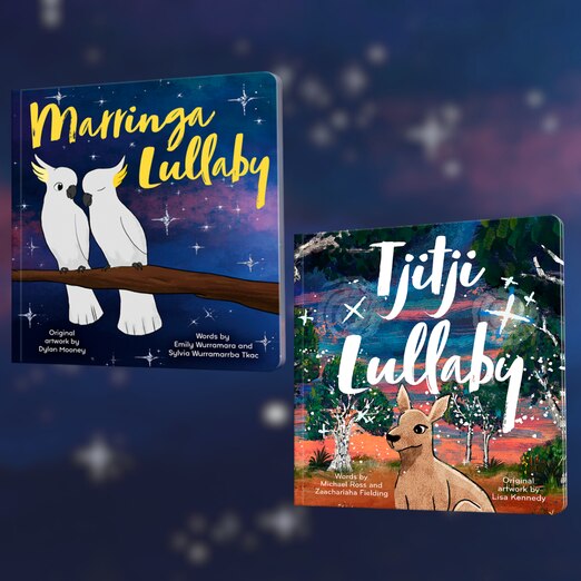 Two lullaby books, one with two cockatoos on the front and the other with a kangaroo.