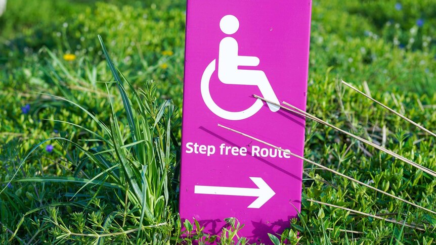 A sign that shows the wheelchair symbol and an arrow pointing to a step-free route
