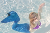 Woman swimming use a mermaid tail toy underwater in a pool