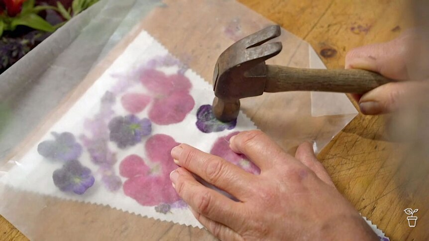 A hammer being used to crush flowers on a bunting flag under greaseproof paper.
