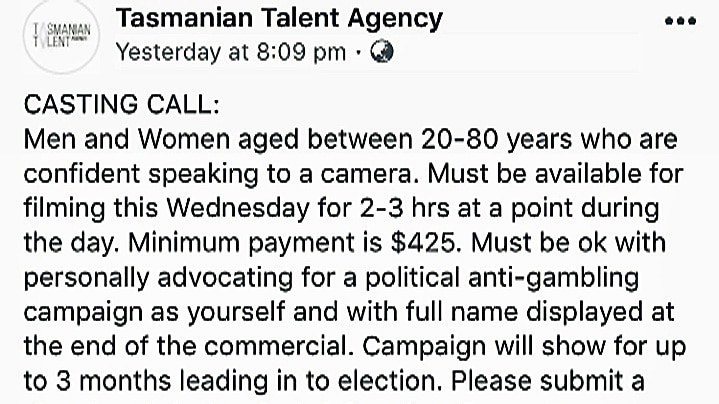 Tasmanian Talent Agency social media post calling for actors for political advertisements.
