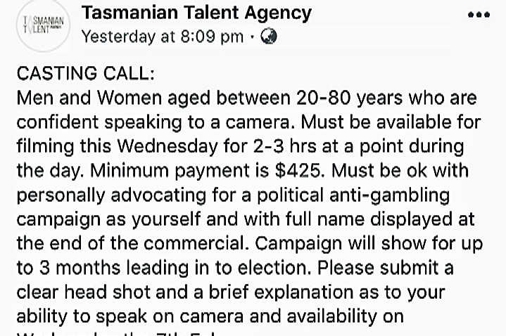 Tasmanian Talent Agency social media post calling for actors for political advertisements.