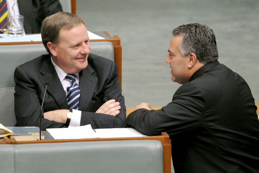 LtoR Peter Costello speaks to Joe Hockey