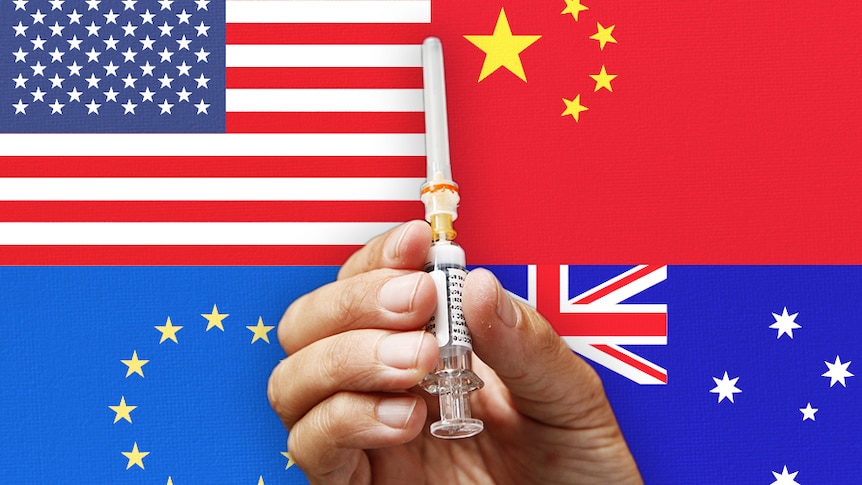 A hand holding a needle with the US, china, EU and Australian flags.