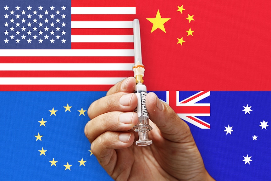 A hand holding a needle with the US, china, EU and Australian flags.