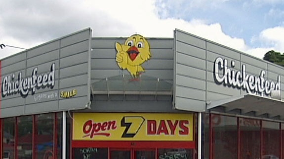 Sign on facade of Chickenfeed shop, Tasmania