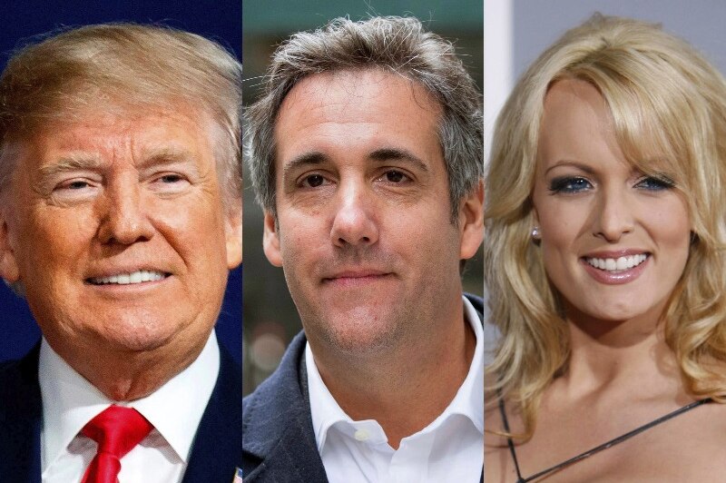 This combination photo shows headshots of Donald Trump, his former lawyer Michael Cohen and adult film actress Stormy Daniels