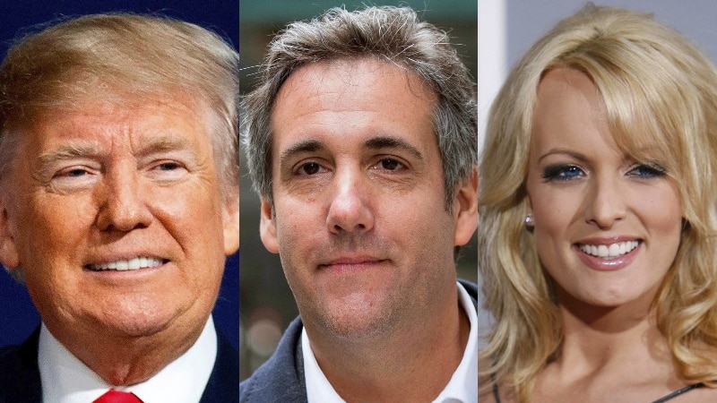 This combination photo shows headshots of Donald Trump, his former lawyer Michael Cohen and adult film actress Stormy Daniels