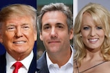 This combination photo shows headshots of Donald Trump, his former lawyer Michael Cohen and adult film actress Stormy Daniels