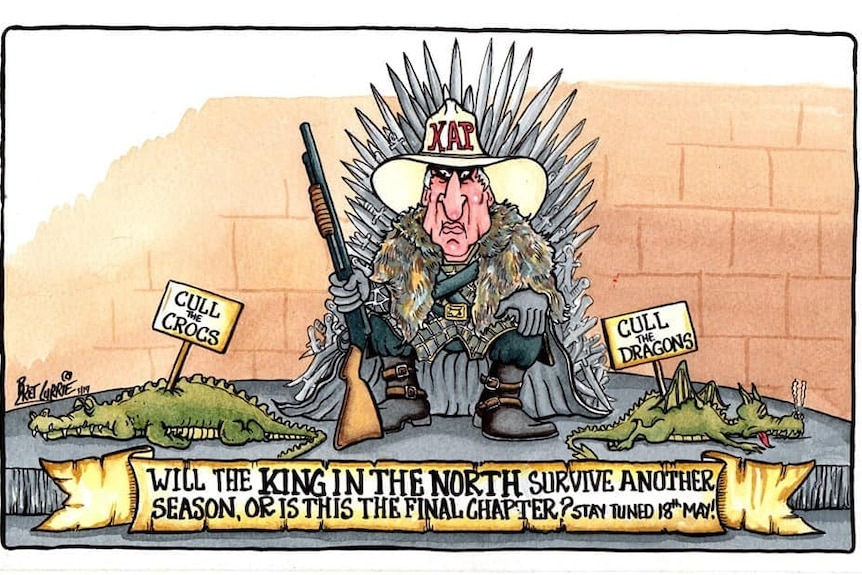 A political cartoon depicting Bob Katter on a throne with culled crocodiles and dragons.