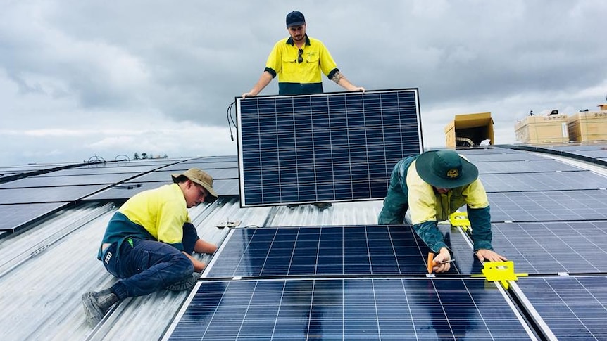 Solar panel installers on a school roof