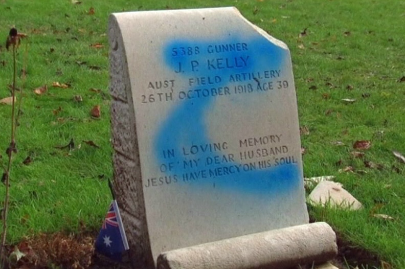 A video still of a vandalised Anzac grave in West London