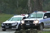 Two police cars in a green, rural setting with trees in the background.