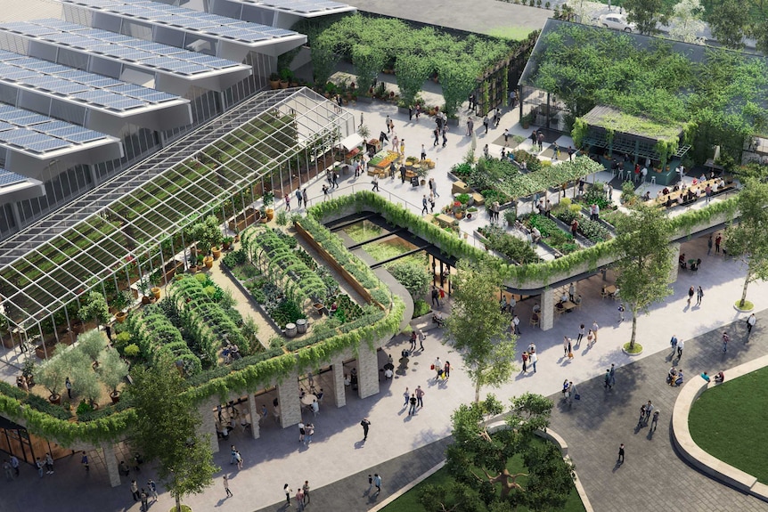 An aerial shot of an artist's impression of a rooftop garden at a shopping centre.