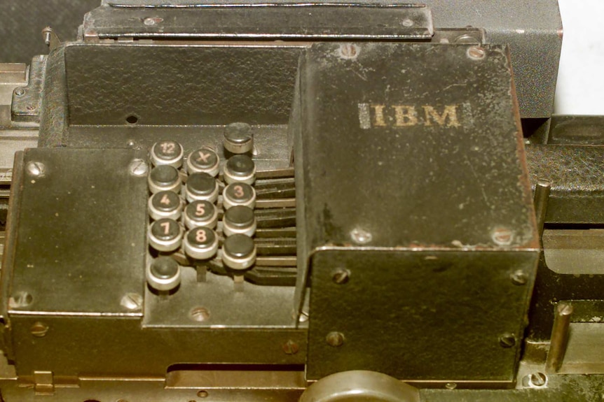 A World War II-era IBM card sorting machine is displayed at the United States Holocaust Museum in Washington.