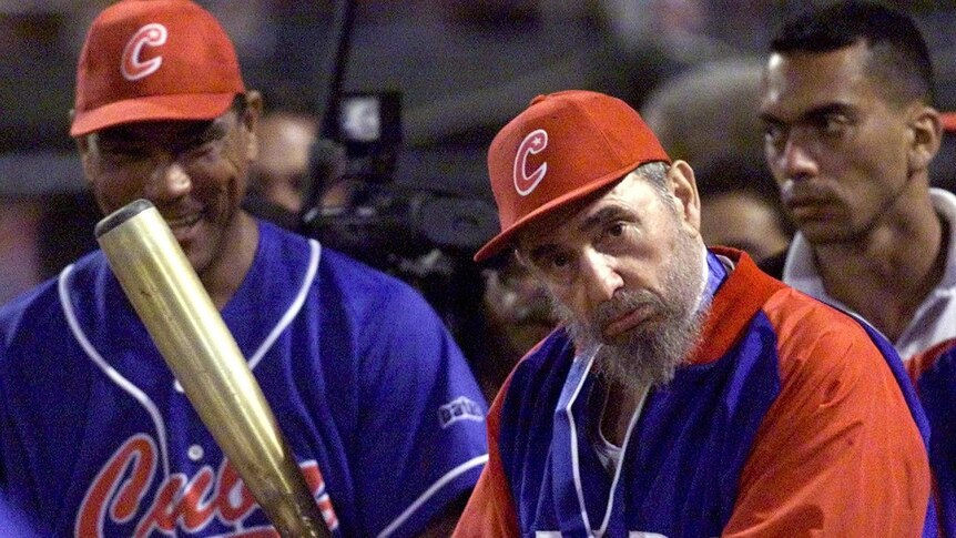 Fidel Castro practices his batting with the Cuban national baseball team