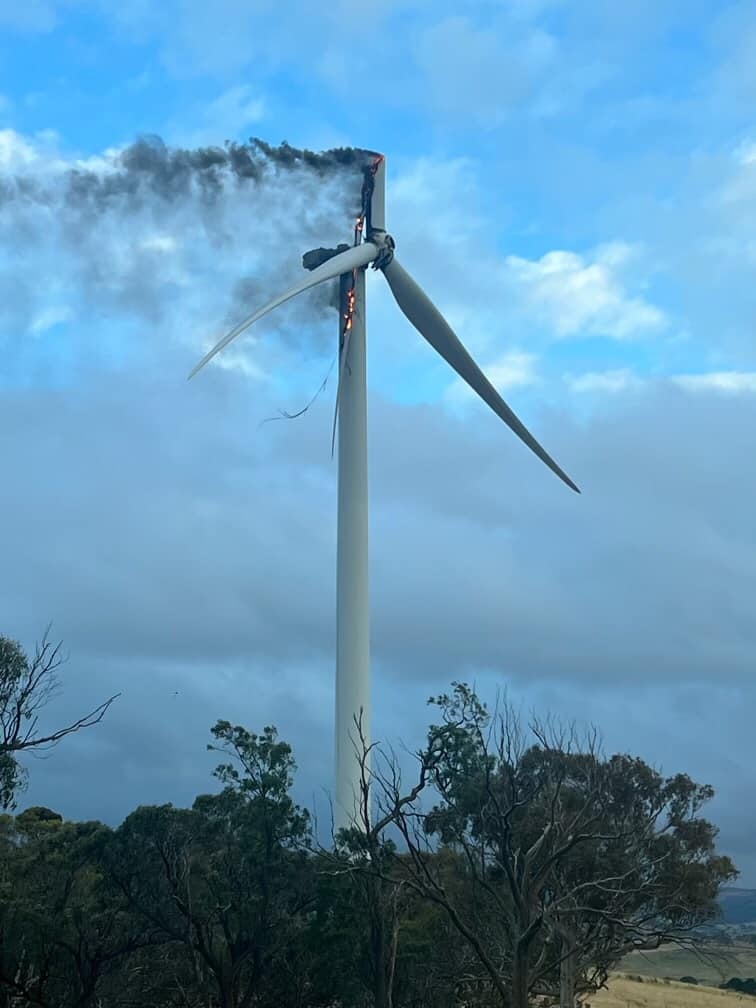 A wind turbine on fire