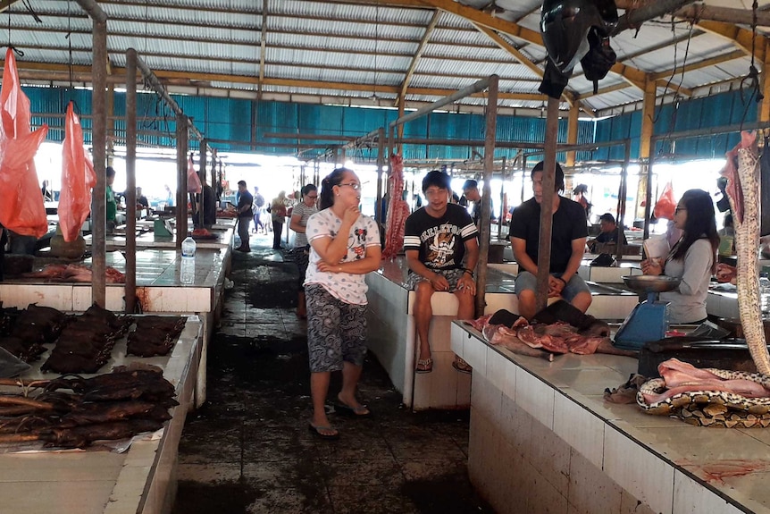 A wet market with what looks like rats on a stick and other meats hanging and on sprawled across benches.