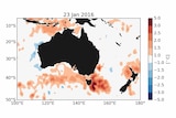 A map shows marine hotspots off Tasmania