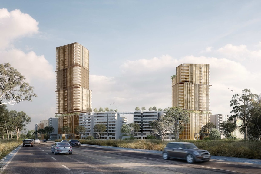 A digital mockup shows two gold tinged towers against a blue cloudy sky and cars in the foreground