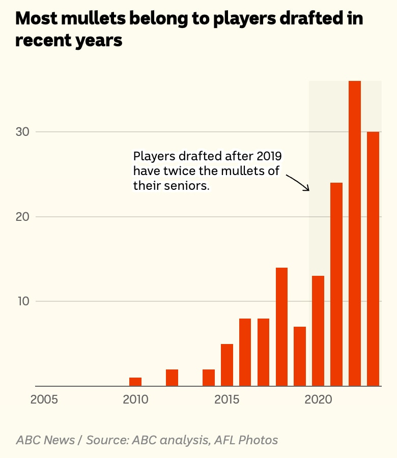 A bar chart shows the number of mullets by draft year. Recent draftees have the most.