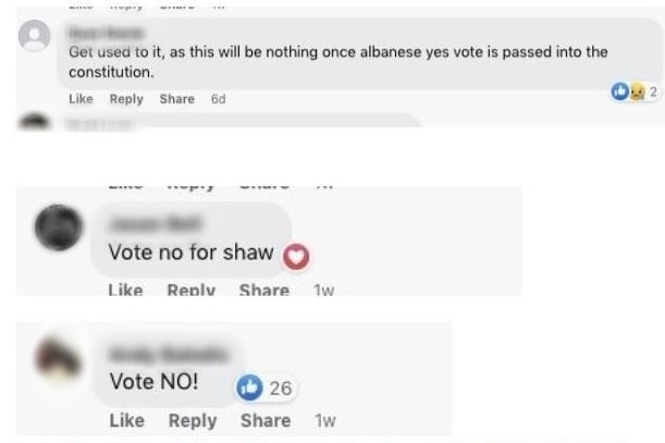 Three facebook messages urging people to vote 'no' in the Indigenous Voice to Parliament referendum.