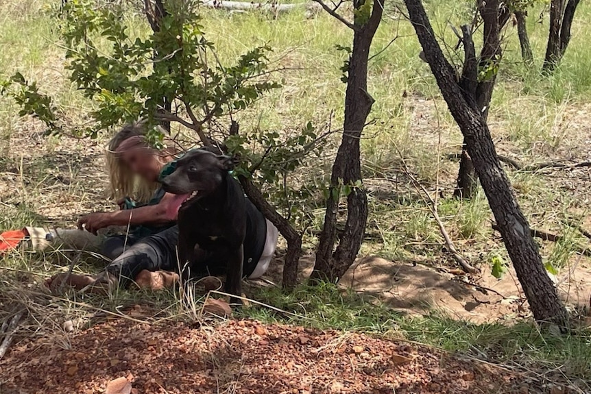 An exhausted woman is lumped by a tree in the bush with her dog beside her.