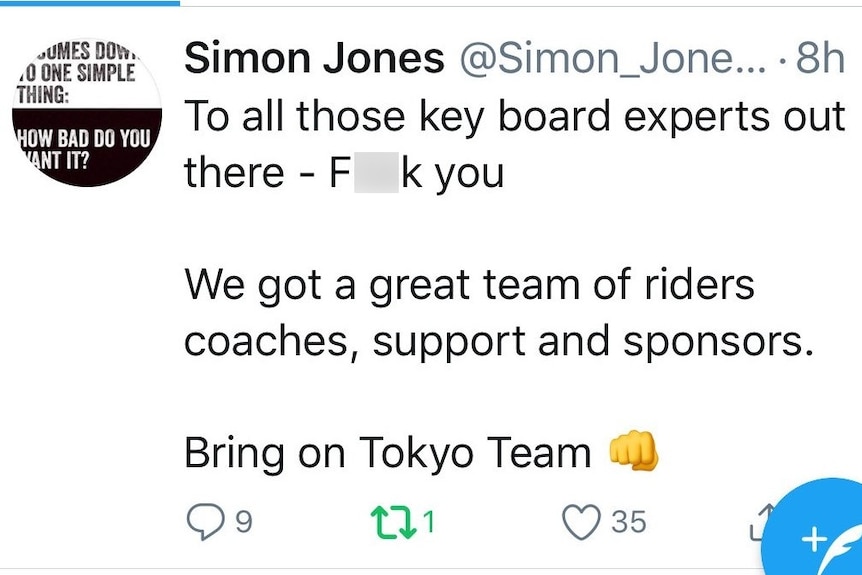 A screen shot of a since-deleted tweet from Cycling Australia head coach Simon Jones.
