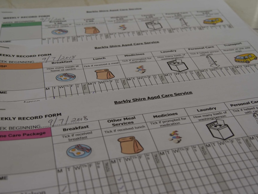 Three sheets of paper have check boxes for each client and what services have been provided for them.