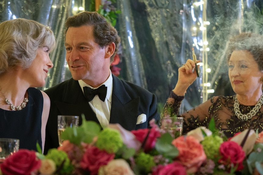 Olivia Williams, Dominic West and Lesley Manville in chracter as Camilla Parker Bowls, Prince Charles and Princess Margaret