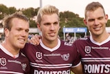 Jake, Ben and Tom Trbojevic stand arm-in-arm after playing an NRL match for Manly Sea Eagles.
